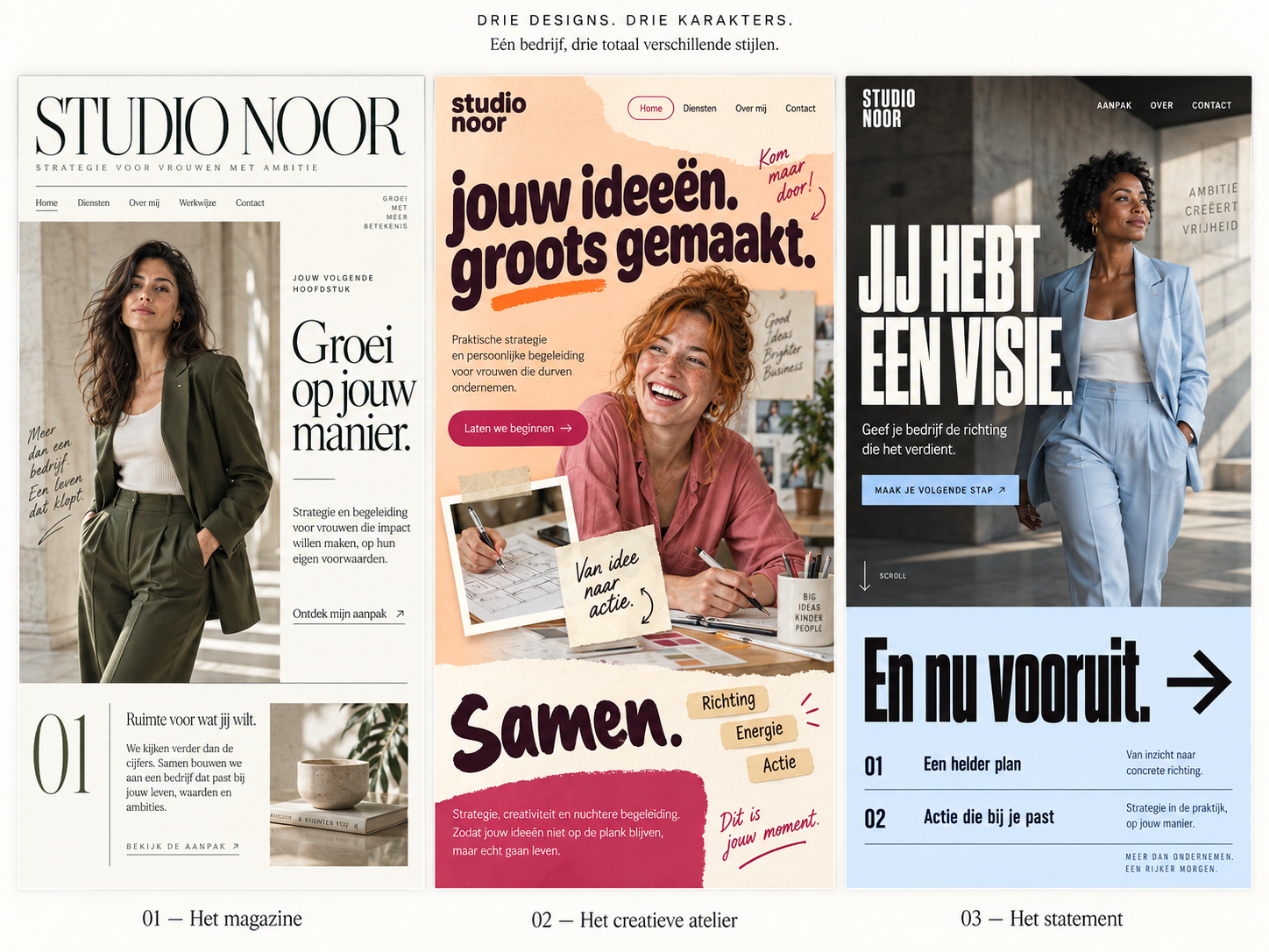Studio Noor: elegant magazine-ontwerp in ivoor en olijfgroen, met een vrouw in een olijfgroen pak
