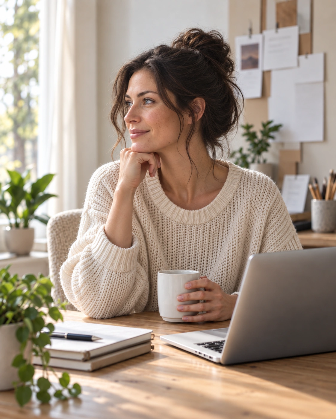 Vrouwelijke ondernemer met een kop koffie bij haar laptop in een lichte creatieve studio