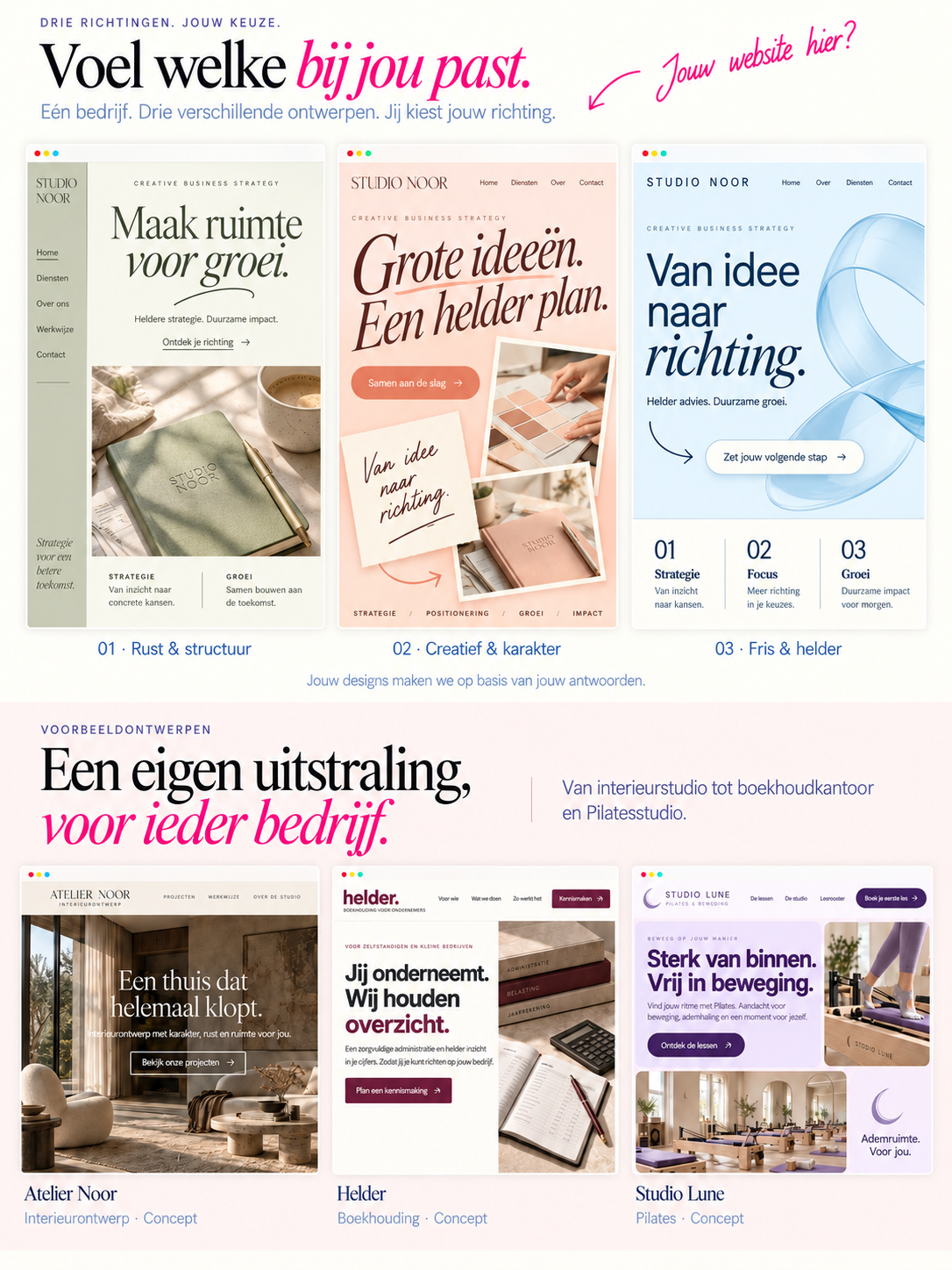 Atelier Noor: interieurwebsite in warme taupetinten met een sfeervol ingerichte woonkamer